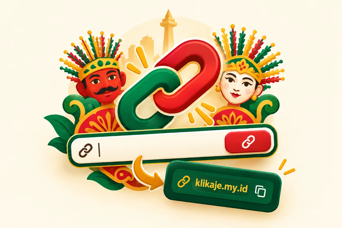 Logo KlikAje: sepasang ondel-ondel mengapit rantai link merah-hijau dan tulisan klikaje.my.id